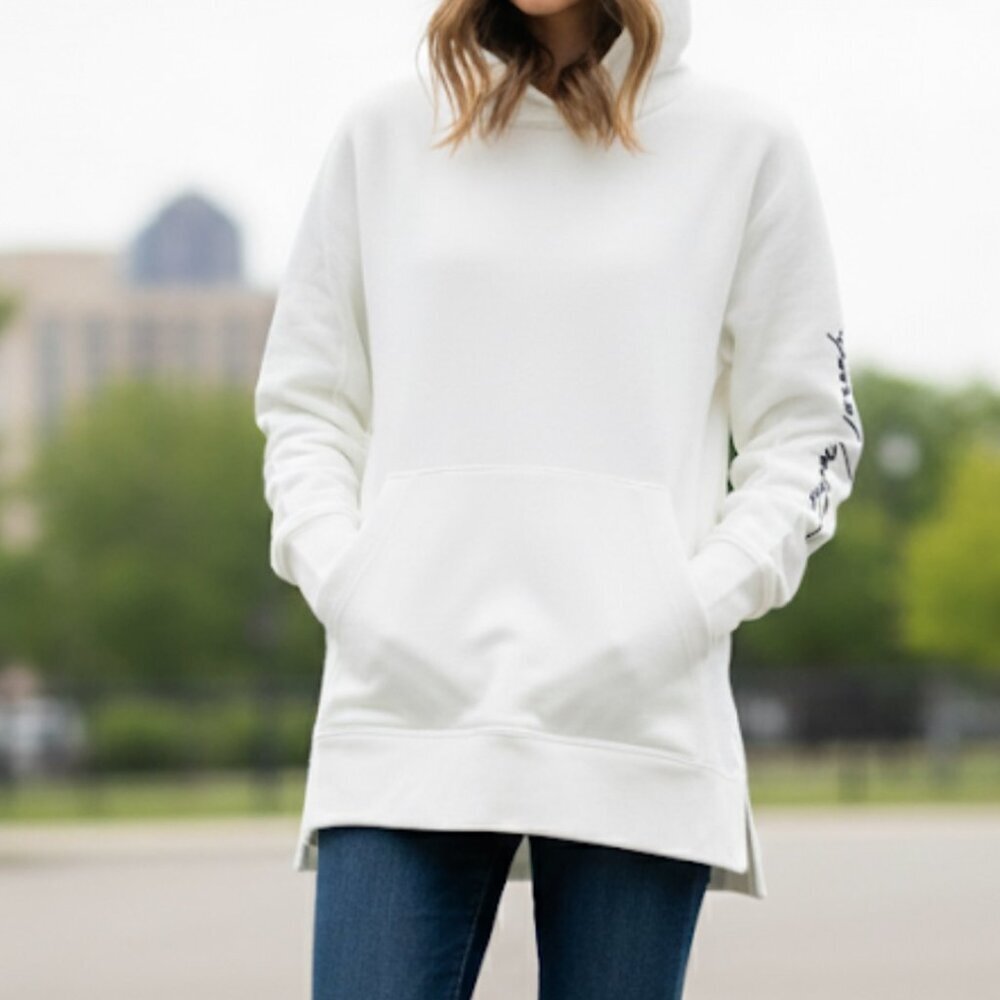 EMPORIO ARMANI Women's Embroidered Signature Logo Hoodie Sweatshirt White, Med